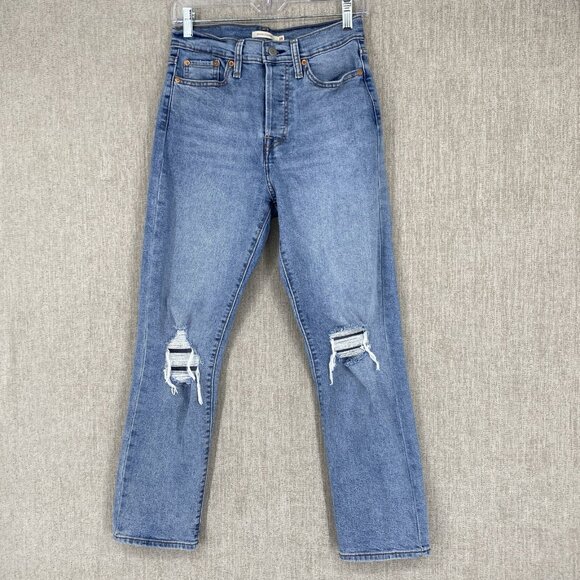 Levis Jeans 28 Wedgie Straight Distressed High Waist Whiskered Denim - Picture 1 of 13